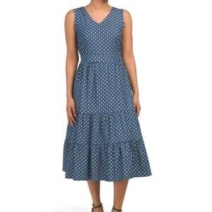 Magari Dress Size L Blue WT Diamond Dots Sleeveless Made In Italy Tiered Cotton